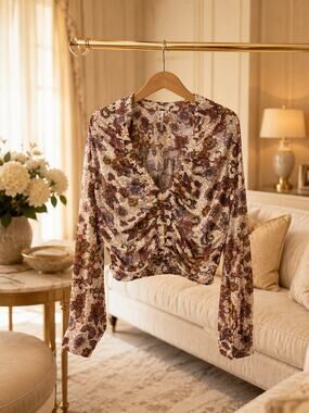 Free People I Got You Printed Satin Ruched Deep V Top NWT XS Boho Romantic Chic